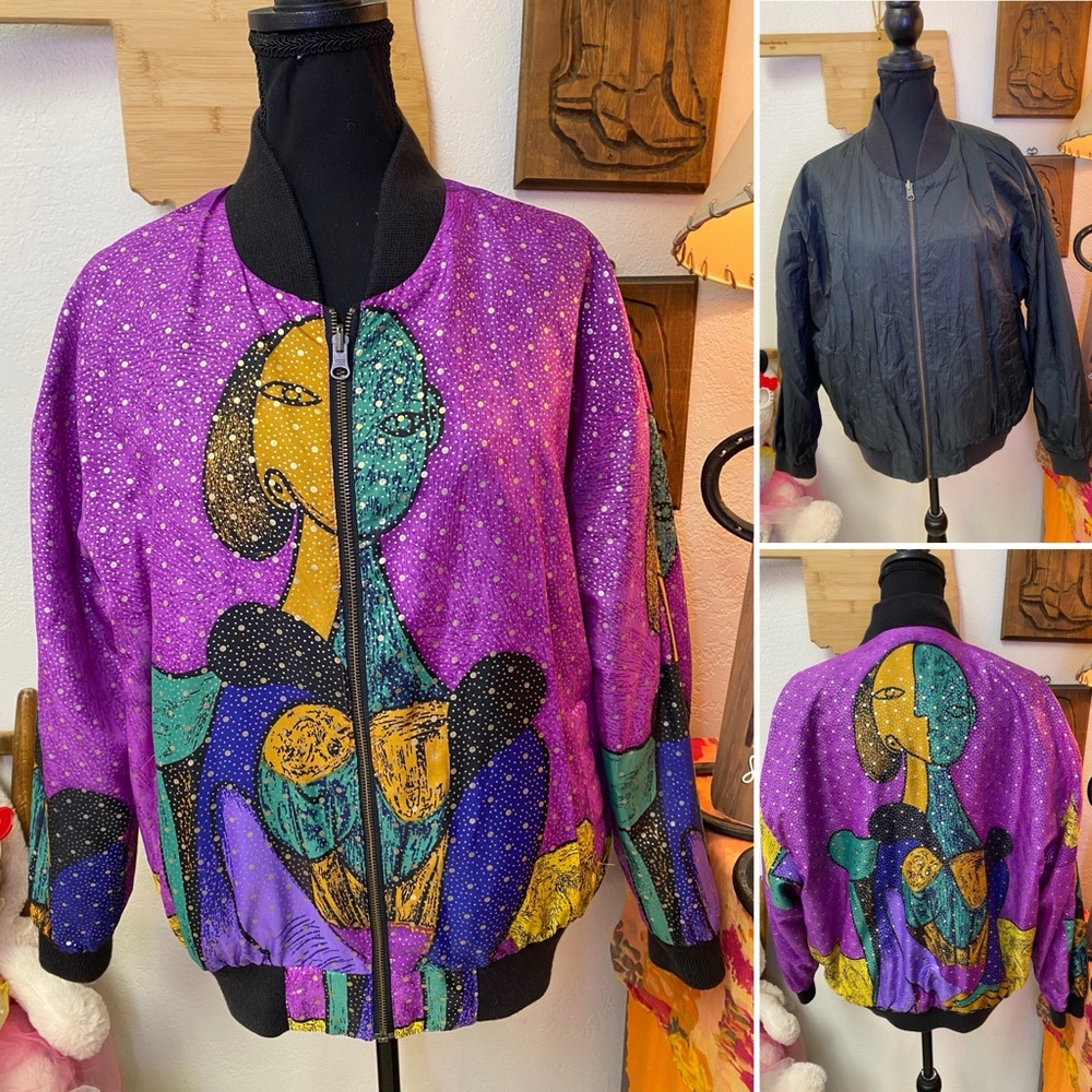 Vintage 80s 90s Picasso Style Surreal Art To Wear Abstract Faces Zip Bomber OSFM